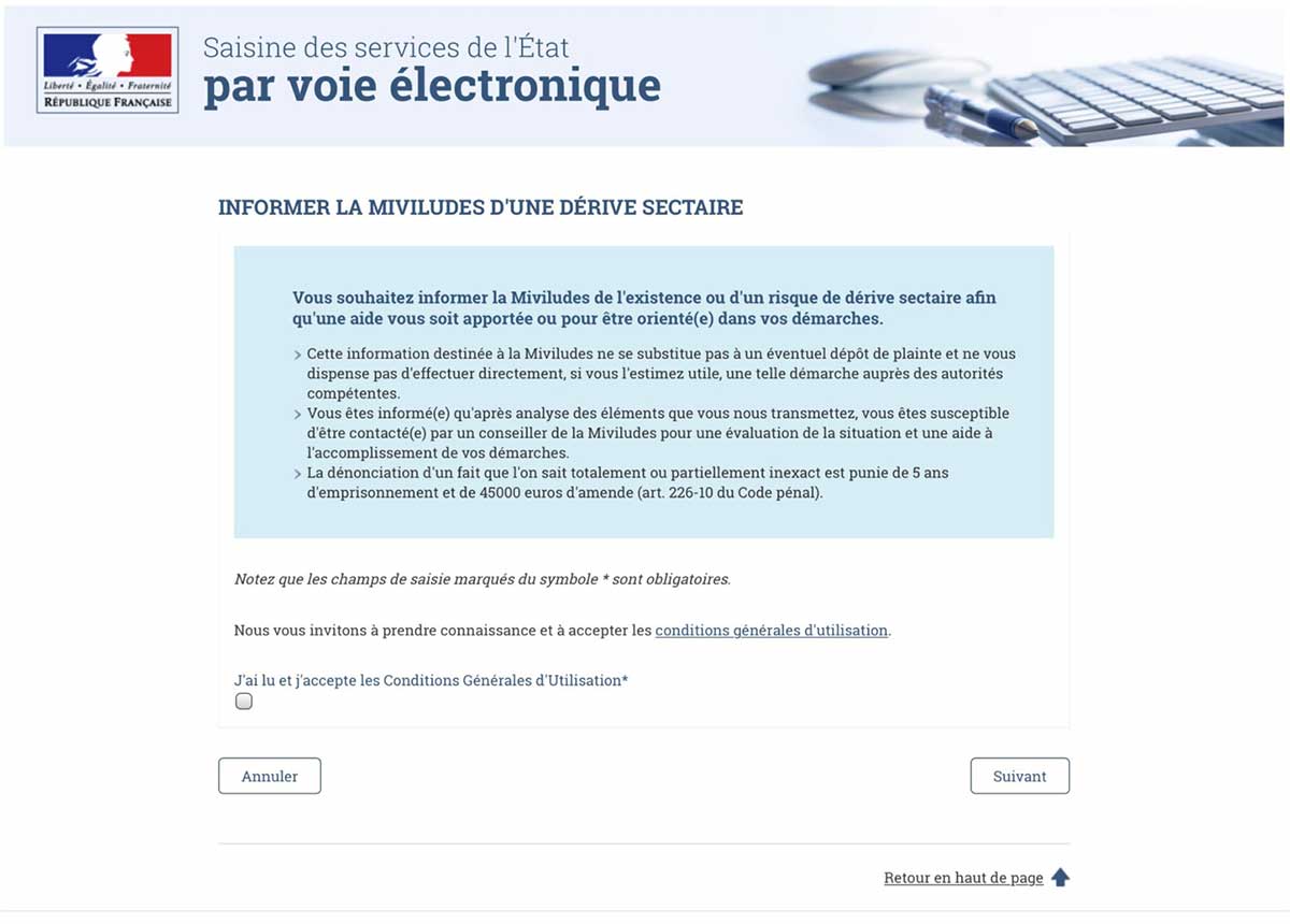 le formulaire web de la MIVILUDES